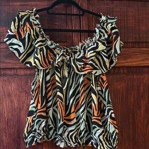 New York & Company Off-the-Shoulder Zebra Print Top in Black, Orange & Cream